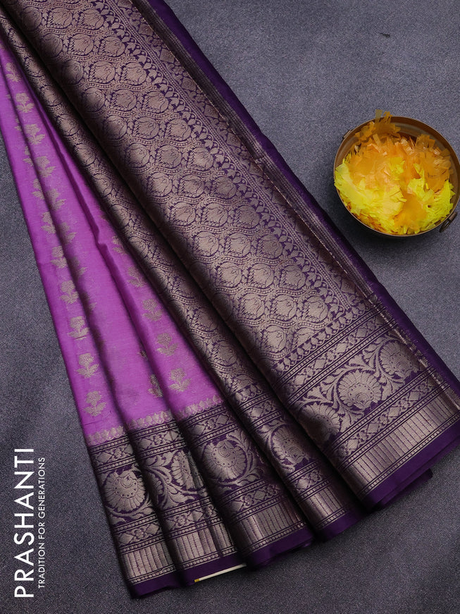 Banarasi semi silk saree lavender shade and violet with zari woven floral buttas and floral zari woven border