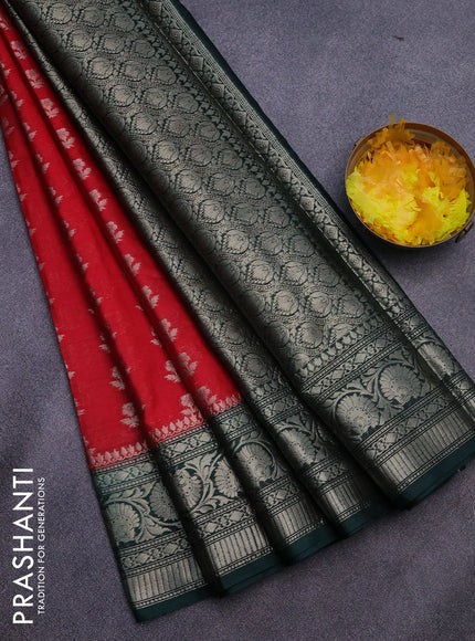 Banarasi semi silk saree red and green with zari woven floral buttas and floral zari woven border