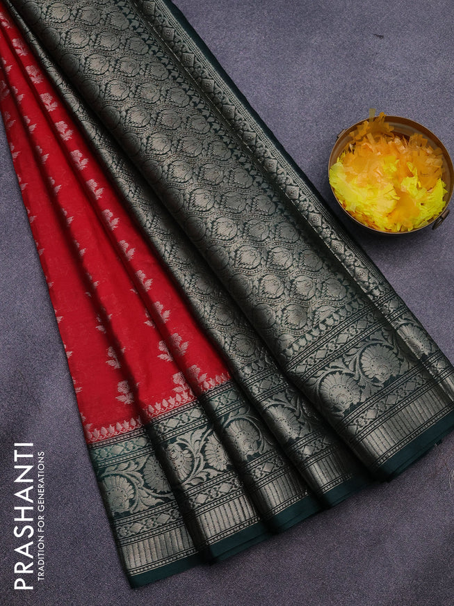 Banarasi semi silk saree red and green with zari woven floral buttas and floral zari woven border