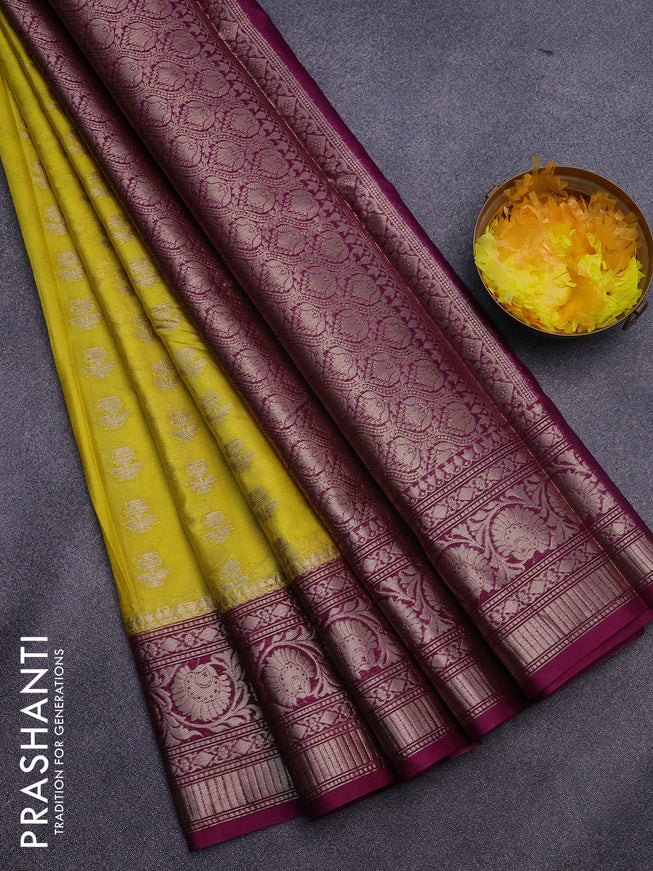 Banarasi semi silk saree yellow and purple with zari woven floral buttas and floral zari woven border