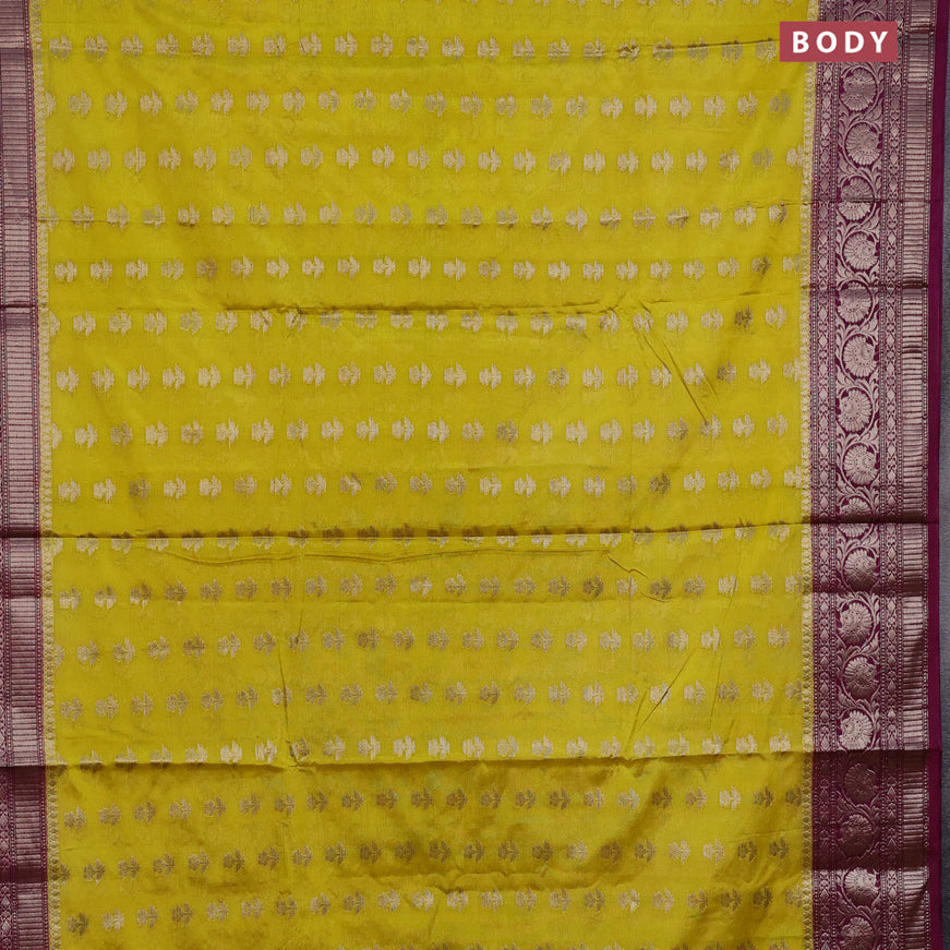 Banarasi semi silk saree yellow and purple with zari woven floral buttas and floral zari woven border