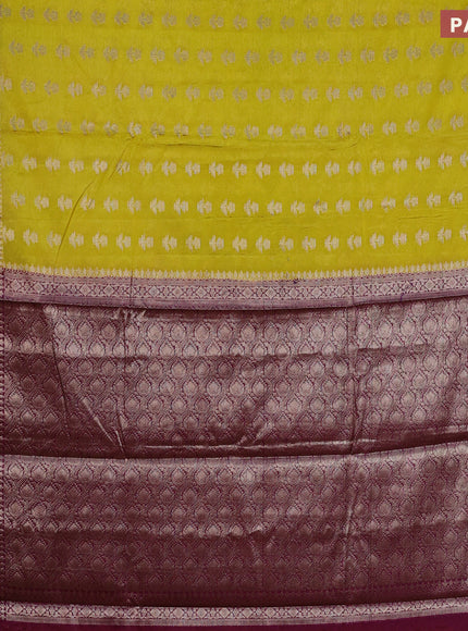 Banarasi semi silk saree yellow and purple with zari woven floral buttas and floral zari woven border