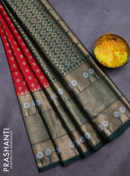 Banarasi semi silk saree red and bottle green with allover thread & zari woven buttas and long zari woven border