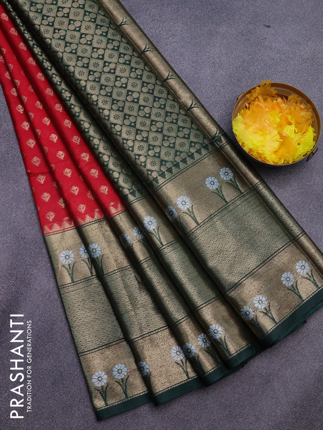 Banarasi semi silk saree red and bottle green with allover thread & zari woven buttas and long zari woven border