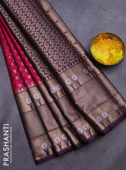 Banarasi semi silk saree pink and deep purple with allover thread & zari woven buttas and long zari woven border