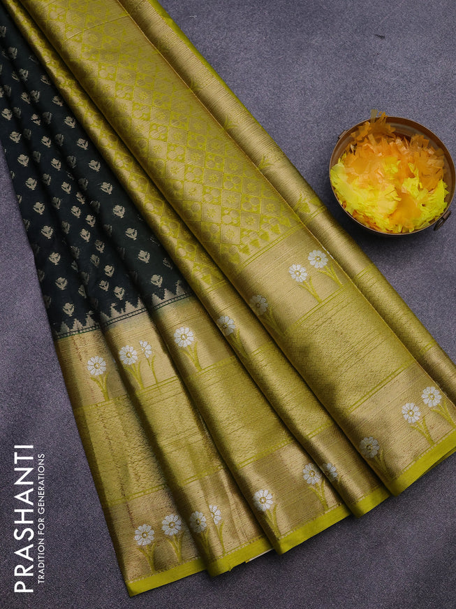 Banarasi semi silk saree bottle green and lime yellow with allover thread & zari woven buttas and long zari woven border