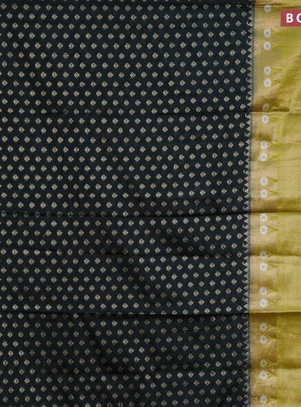 Banarasi semi silk saree bottle green and lime yellow with allover thread & zari woven buttas and long zari woven border