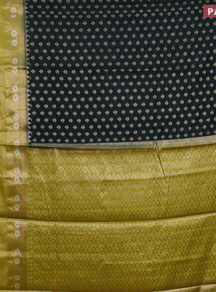 Banarasi semi silk saree bottle green and lime yellow with allover thread & zari woven buttas and long zari woven border