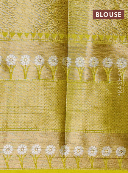 Banarasi semi silk saree bottle green and lime yellow with allover thread & zari woven buttas and long zari woven border