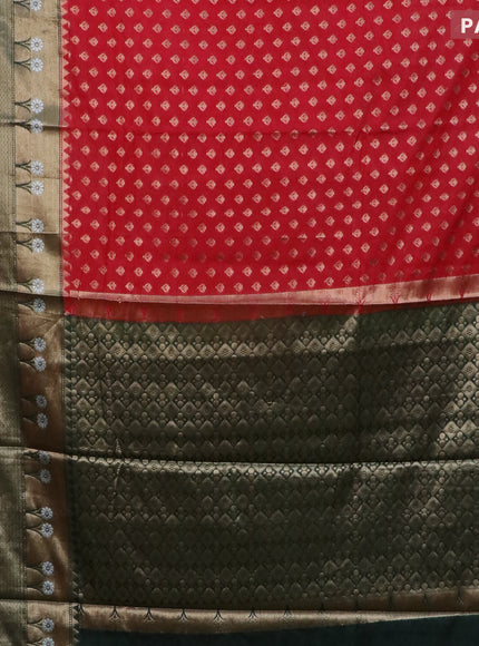 Banarasi semi silk saree red and bottle green with allover thread & zari woven buttas and long zari woven border