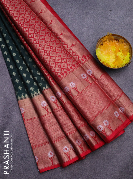 Banarasi semi silk saree bottle green and red with allover thread & zari woven buttas and long zari woven border