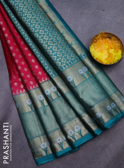 Banarasi semi silk saree pink and teal green shade with allover thread & zari woven buttas and long zari woven border