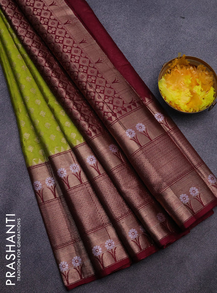 Banarasi semi silk saree lime green and maroon with allover thread & zari woven buttas and long zari woven border