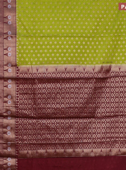 Banarasi semi silk saree lime green and maroon with allover thread & zari woven buttas and long zari woven border