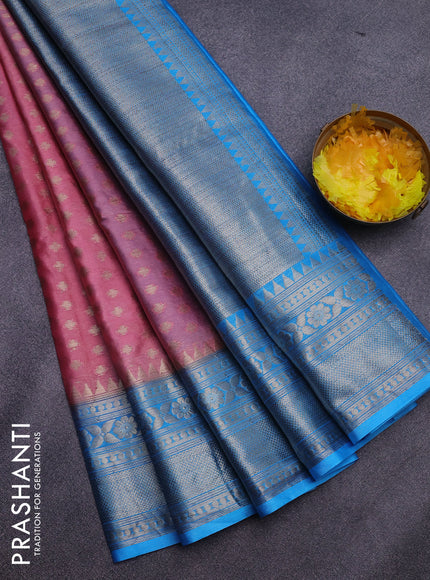 Banarasi semi silk saree peach pink and light blue with allover zari woven butta weaves and woven border