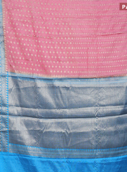 Banarasi semi silk saree peach pink and light blue with allover zari woven butta weaves and woven border