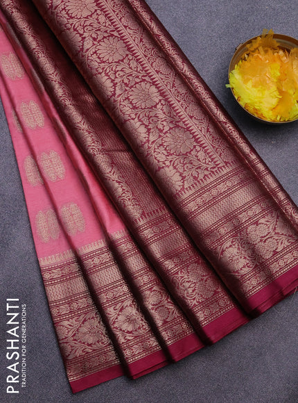 Banarasi semi silk saree peach pink and dark magenta with thread & zari woven buttas and woven border