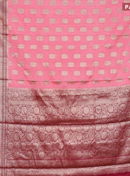 Banarasi semi silk saree peach pink and dark magenta with thread & zari woven buttas and woven border