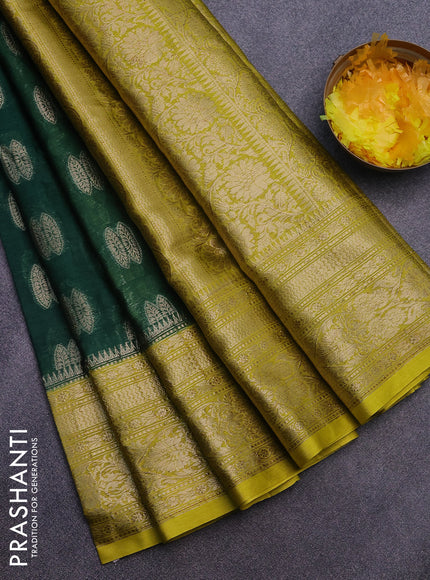 Banarasi semi silk saree bottle green and lime yellow with thread & zari woven buttas and woven border