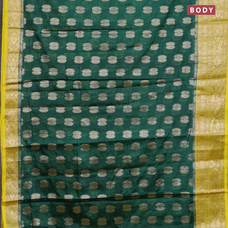 Banarasi semi silk saree bottle green and lime yellow with thread & zari woven buttas and woven border