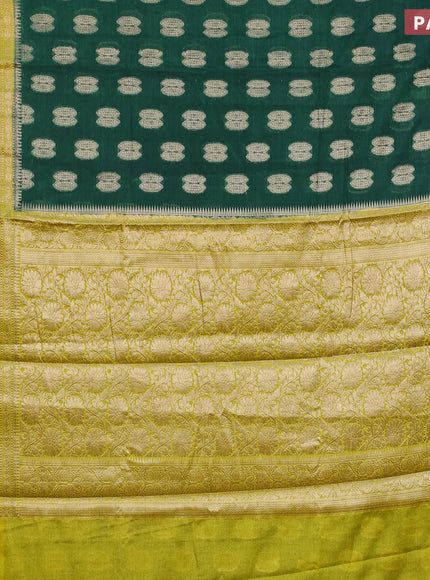 Banarasi semi silk saree bottle green and lime yellow with thread & zari woven buttas and woven border