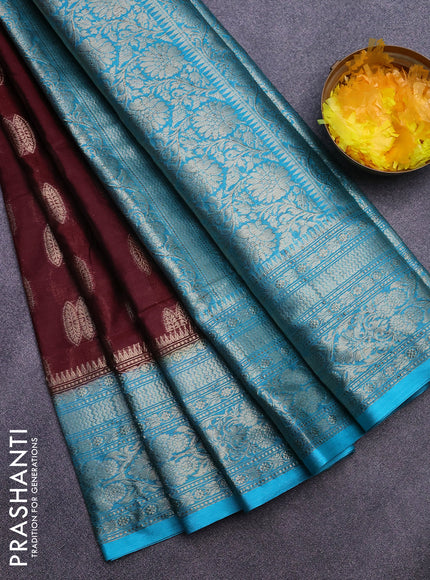 Banarasi semi silk saree deep maroon and teal blue with thread & zari woven buttas and woven border