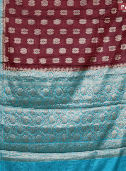 Banarasi semi silk saree deep maroon and teal blue with thread & zari woven buttas and woven border