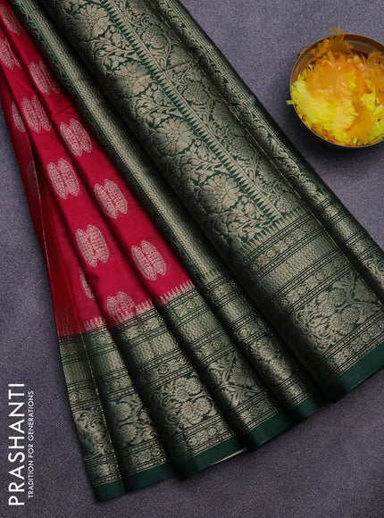 Banarasi semi silk saree dark pink and bottle green with thread & zari woven buttas and woven border