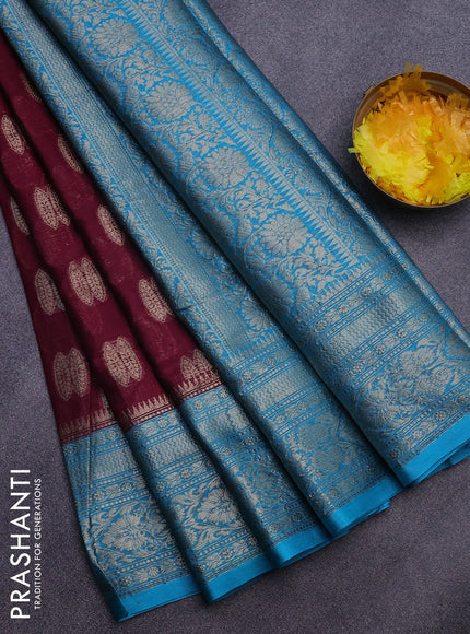 Banarasi semi silk saree deep maroon and teal blue with thread & zari woven buttas and woven border