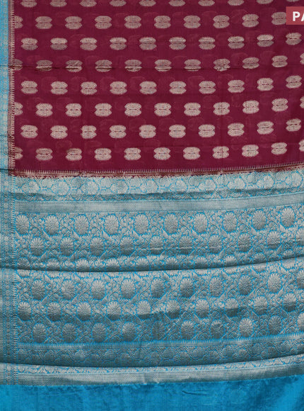 Banarasi semi silk saree deep maroon and teal blue with thread & zari woven buttas and woven border