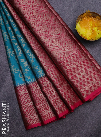 Banarasi semi silk saree teal green shade and pink with allover thread & zari weaves and zari woven border