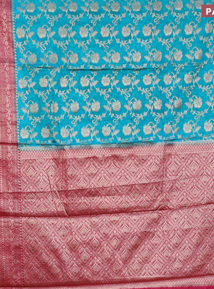 Banarasi semi silk saree teal green shade and pink with allover thread & zari weaves and zari woven border