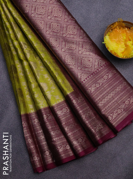 Banarasi semi silk saree lime green and wine shade with allover thread & zari weaves and zari woven border