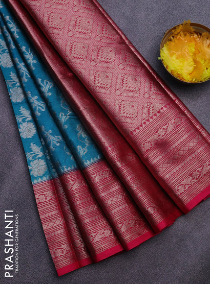 Banarasi semi silk saree peacock green shade and pink with allover thread & zari weaves and zari woven border