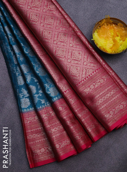 Banarasi semi silk saree peacock green shade and pink with allover thread & zari weaves and zari woven border