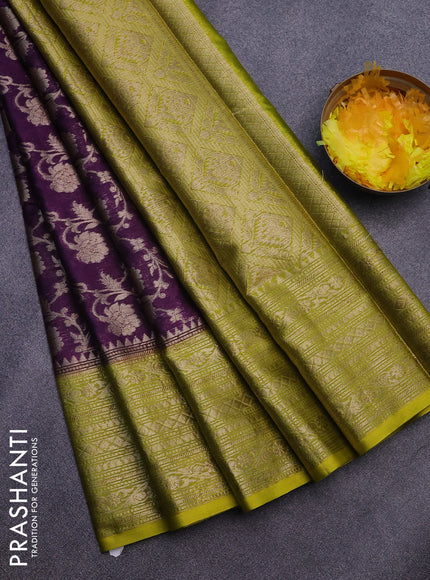 Banarasi semi silk saree dark purple and lime yellow with allover thread & zari weaves and zari woven border