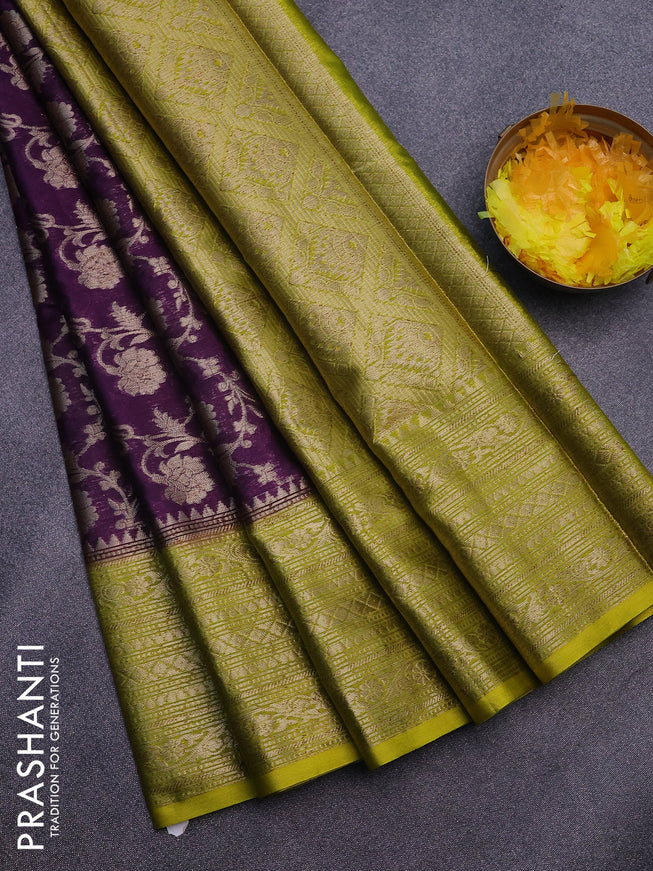 Banarasi semi silk saree dark purple and lime yellow with allover thread & zari weaves and zari woven border