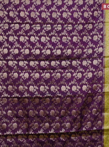 Banarasi semi silk saree dark purple and lime yellow with allover thread & zari weaves and zari woven border