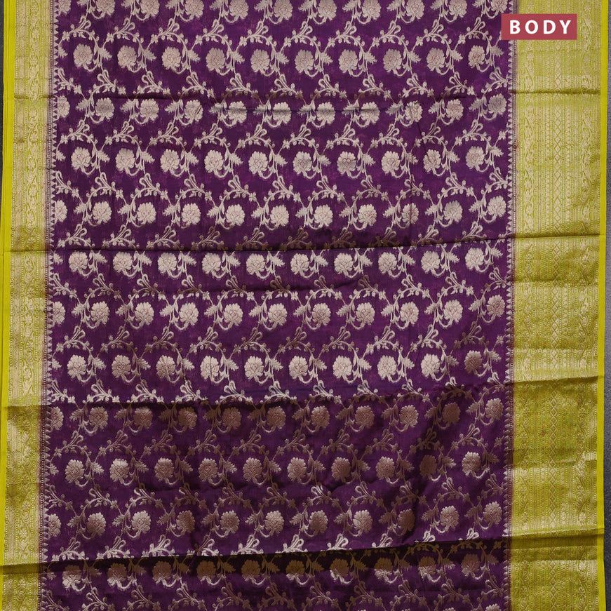 Banarasi semi silk saree dark purple and lime yellow with allover thread & zari weaves and zari woven border