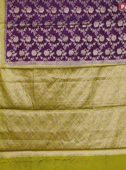 Banarasi semi silk saree dark purple and lime yellow with allover thread & zari weaves and zari woven border