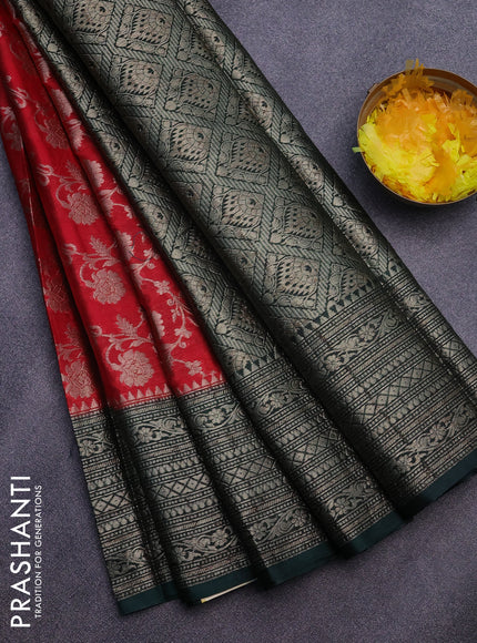 Banarasi semi silk saree red and bottle green with allover thread & zari weaves and zari woven border