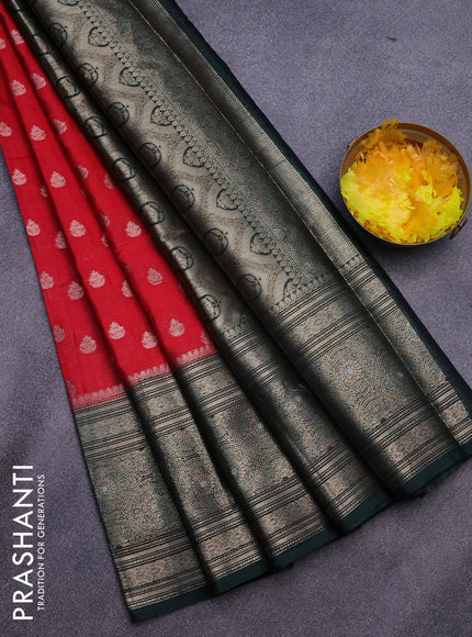 Banarasi semi silk saree red and green with allover thread & zari woven buttas and long zari woven border