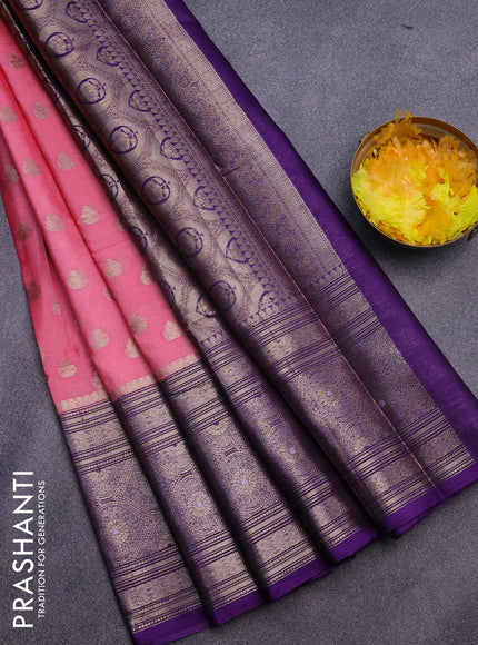 Banarasi semi silk saree pink shade and violet with allover thread & zari woven buttas and long zari woven border