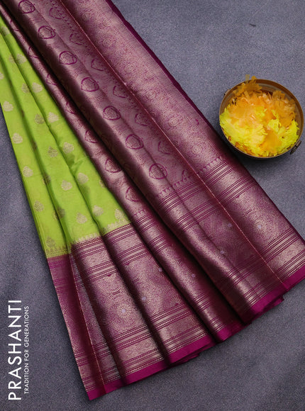 Banarasi semi silk saree light green and purple with allover thread & zari woven buttas and long zari woven border