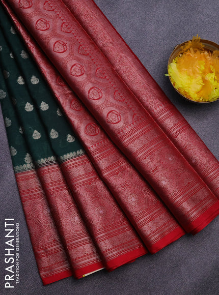 Banarasi semi silk saree bottle green and red with allover thread & zari woven buttas and long zari woven border