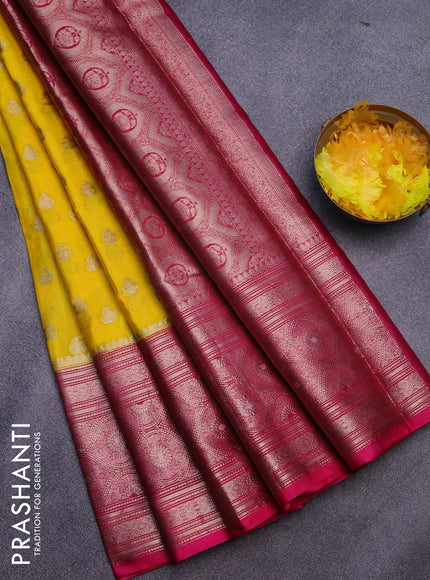 Banarasi semi silk saree yellow and pink with allover thread & zari woven buttas and long zari woven border