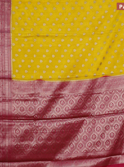 Banarasi semi silk saree yellow and pink with allover thread & zari woven buttas and long zari woven border