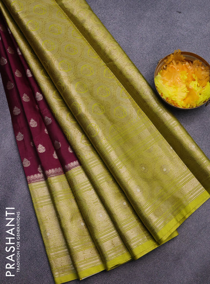 Banarasi semi silk saree wine shade and lime yellow with allover thread & zari woven buttas and long zari woven border