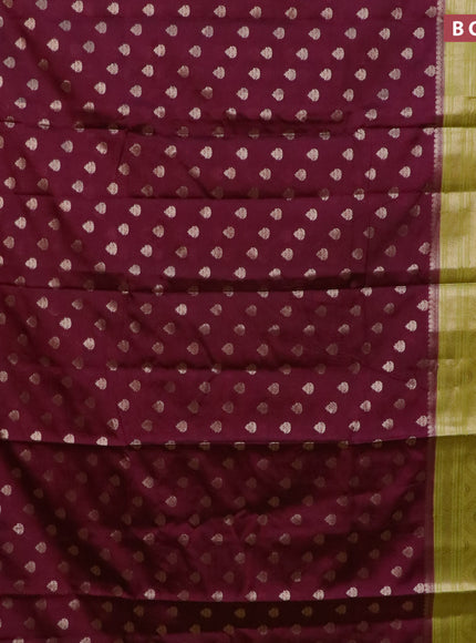 Banarasi semi silk saree wine shade and lime yellow with allover thread & zari woven buttas and long zari woven border