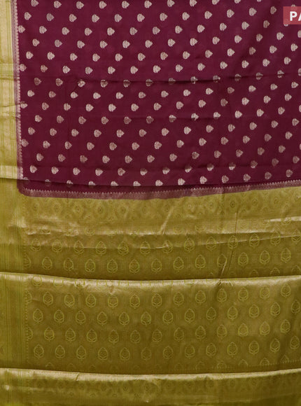 Banarasi semi silk saree wine shade and lime yellow with allover thread & zari woven buttas and long zari woven border